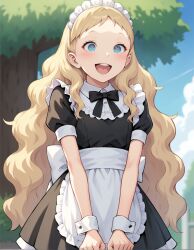  1girl ai-generated aurore_(takatou_sora) black_dress blonde_hair blue_eyes blue_sky blurry blurry_background blush clenched_hands cloud cowboy_shot dress happy heart heart-shaped_pupils highres loli long_hair maid non-web_source open_mouth outdoors portrait shy sky smile standing surprised symbol-shaped_pupils tears teeth tongue tree upper_teeth_only v_arms very_long_hair wavy_hair 