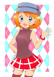  1girl :d blue_eyes blush bracelet brown_sweater_vest commentary_request creatures_(company) earrings eyelashes game_freak grey_hat hand_up happy hat highres jewelry kyanos_(b_0000ff) medium_hair nintendo open_mouth orange_hair pleated_skirt pokemon pokemon_(anime) pokemon_journeys pokemon_swsh105 red_skirt serena_(pokemon) skirt smile solo sweater_vest thighhighs tongue  rating:Sensitive score:12 user:danbooru