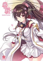 1girl ankoromochi brown_hair cherry_blossoms clothing_cutout coat collar comiket_101 content_rating cover cover_page doujin_cover flower hair_flower hair_intakes hair_ornament headgear holding holding_umbrella kantai_collection long_coat long_hair metal_collar multicolored_umbrella oil-paper_umbrella pleated_skirt ponytail red_eyes red_umbrella sakuramon shoulder_cutout sidelocks skirt sleeveless sleeveless_coat solo umbrella white_coat white_skirt white_umbrella yamato_(kancolle) yamato_kai_ni_(kancolle)
