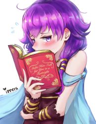  1girl bare_shoulders blush book cape dress embarrassed english_text fire_emblem fire_emblem:_the_sacred_stones gloves highres holding holding_book ippers lute_(fire_emblem) nintendo open_book purple_eyes purple_hair reading short_hair solo twintails wrist_cuffs  rating:Sensitive score:19 user:danbooru