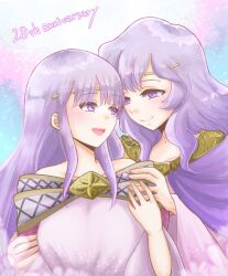 2girls anniversary circlet deirdre_(fire_emblem) dress fire_emblem fire_emblem:_genealogy_of_the_holy_war hand_on_another&#039;s_shoulder highres holding holding_another&#039;s_arm julia_(fire_emblem) long_hair looking_at_another mother_and_daughter multiple_girls nintendo parent_and_child purple_eyes purple_hair smile wide_sleeves yuurifeh 