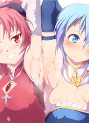 10s 2girls armpits arms_up blue_hair blush bow breasts cleavage elbow_gloves covered_erect_nipples female_focus gloves grin hair_bow image_sample large_breasts mahou_shoujo_madoka_magica miki_sayaka multiple_girls pixiv_sample ponytail red_hair rei_oe sakura_kyoko short_hair smile soul_gem stain sweat sweat_stain rating:Questionable score:130 user:Sneakyone
