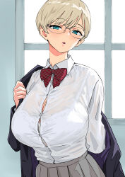  1girl :o absurdres blonde_hair bow bowtie bra bra_visible_through_clothes breasts button_gap cleavage glasses green_eyes grey_skirt highres large_breasts looking_at_viewer nekoi_mie original rimless_eyewear round_eyewear shirt shirt_tucked_in short_hair skirt solo striped_bow striped_bowtie striped_clothes underwear undressing white_bra white_shirt 