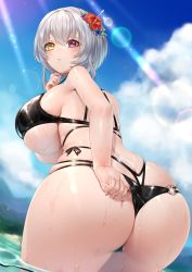 1girl absurdres alicia_renato_(yashiro_sousaku) arm_behind_back ass ass_focus back bikini bikini_pull black_bikini blue_sky blurry borrowed_character breasts butt_crack choker cleavage clothes_pull cloud commentary_request commission cowboy_shot crossed_bangs curvy day dutch_angle flower from_behind from_below furrowed_brow hair_between_eyes hair_flower hair_ornament heterochromia hibiscus highleg highleg_bikini highres huge_ass huge_breasts layered_bikini lens_flare looking_at_viewer looking_back looking_down mismatched_bikini multi-strapped_bikini o-ring o-ring_top ocean original oriti4 outdoors panties_under_swimsuit parted_lips red_eyes second-party_source shallow_water short_hair side-tie_bikini_bottom sideboob silver_hair skindentation sky solo standing stomach string_bikini sun sunlight swimsuit thick_thighs thighs underboob water water_drop wet whale_tail_(clothing) wide_hips yashiro_sousaku yellow_eyes rating:Sensitive score:55 user:danbooru