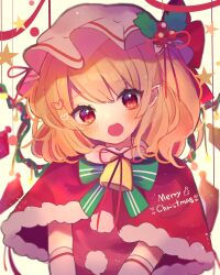  1girl alternate_costume bell blonde_hair blush bow bowtie capelet cherry_hat_ornament chikuwa_(tikuwaumai_) crystal elbow_gloves english_text flandre_scarlet gloves green_bow green_bowtie hat head_tilt highres jingle_bell looking_at_viewer medium_hair merry_christmas mob_cap open_mouth pointy_ears red_capelet red_eyes red_ribbon ribbon santa_costume simple_background solo star_(symbol) teeth touhou upper_body upper_teeth_only v_arms white_background white_hat wings 