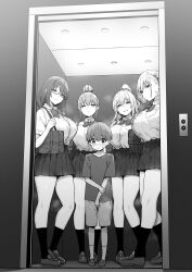  1boy 4girls :d age_difference bag bow bowtie breasts collared_shirt commentary elevator full_body glasses greyscale hair_bun highres himeko_(sky-freedom) hinano_(sky-freedom) joshi_kousei_rich_thots kneehighs large_breasts long_hair looking_at_viewer monochrome multiple_girls open_mouth original parted_lips pleated_skirt ponytail shirt shirt_tucked_in shoes short_sleeves shoulder_bag single_hair_bun skirt sky-freedom smile socks standing thighs yui_(sky-freedom) yurie_(sky-freedom)  rating:Sensitive score:172 user:danbooru
