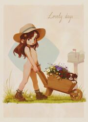  1girl alkemanubis brown_eyes brown_footwear brown_hair cleft_of_venus dog flat_chest flower from_side grass hair_flower hair_ornament hat highres loli long_hair looking_at_viewer mailbox_(incoming_mail) nipples nude original parted_lips pussy shoes solo sun_hat walking wheelbarrow 