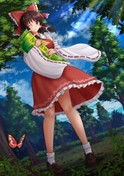  1girl ;) absurdres animal bare_shoulders bird blue_sky blurry blurry_foreground blush bow brown_eyes brown_footwear brown_hair bug butterfly cloud cloudy_sky commentary day depth_of_field detached_sleeves english_commentary frilled_bow frilled_skirt frills hair_bow hakurei_reimu highres hugging_object insect kazenokaze loafers long_hair long_sleeves looking_at_viewer nature_valley one_eye_closed outdoors red_bow red_shirt red_skirt ribbon-trimmed_sleeves ribbon_trim shirt shoes skirt sky sleeveless sleeveless_shirt smile socks solo sunlight touhou tree white_sleeves white_socks wide_sleeves 