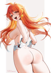  1girl alternate_breast_size artist_name ass blush breasts earrings gloves headband highres jewelry large_breasts lina_inverse long_hair looking_at_viewer looking_back nipples nude open_mouth orange_hair red_eyes slayers smile solo tofuubear  rating:Questionable score:28 user:danbooru