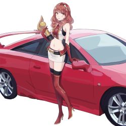  1girl adapted_costume boots car celica_(fire_emblem) fire_emblem fire_emblem_echoes:_shadows_of_valentia full_body gloves hairband high_heel_boots high_heels jewelry long_hair looking_at_viewer midriff miniskirt motor_vehicle name_connection navel nintendo noii object_namesake pencil_skirt race_queen racing red_eyes red_hair skirt smile solo standing thigh_boots thighhighs toyota toyota_celica toyota_celica_t230 transparent_background trophy  rating:Sensitive score:23 user:danbooru
