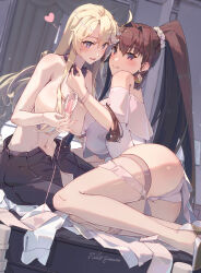  2girls alternate_costume artist_name ass blonde_hair blue_eyes blush breasts brown_hair cleavage commentary_request cup drinking_glass hair_between_eyes hair_ornament highres himeyamato holding holding_cup iowa_(kancolle) kantai_collection large_breasts long_hair multiple_girls ponytail revision smile star-shaped_pupils star_(symbol) symbol-shaped_pupils topless very_long_hair wine_glass yamato_(kancolle) yuri 