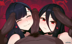  2girls 3boys :3 artist_name black_hair blue_archive blush closed_eyes closed_mouth dark-skinned_male dark_penis dark_skin erection foreskin group_sex hair_between_eyes halo hasumi_(blue_archive) heart hetero ichika_(blue_archive) interracial large_penis long_hair looking_at_viewer male_pubic_hair mole mole_under_eye multiple_boys multiple_girls nude patreon_username penis penis_on_face pov pov_crotch pubic_hair red_eyes red_halo rezodwel smile surrounded_by_penises veins veiny_penis very_dark_skin watermark web_address 