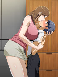 1boy 1girl age_difference assertive_female black_hair blush breast_press breasts brown_eyes brown_hair censored femdom french_kiss hand_on_another&#039;s_head hetero highres huge_breasts kiss long_hair mature_female mosaic_censoring short_hair shota surprised vermilion rating:Questionable score:210 user:Manwe