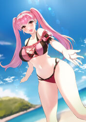  bare_shoulders beach bikini blue_sky blurry blurry_background breasts cleavage cloud collarbone female_focus fire_emblem fire_emblem:_three_houses fire_emblem_heroes highres hilda_valentine_goneril hilda_valentine_goneril_(summer) large_breasts long_hair looking_at_viewer matching_hair/eyes navel nintendo ocean off-shoulder_bikini off_shoulder official_alternate_costume open_mouth outdoors pink_eyes pink_hair sand sky smile solo standing stomach swimsuit tara_(szzj7733) thighs tongue twintails wide_hips  rating:Sensitive score:3 user:Groveman