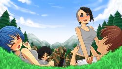  1boy 3girls andrea_(army_gals) army_gals black_hair blue_eyes blue_hair blush breasts camouflage camouflage_pants cloud edda_(army_gals) faceless faceless_male forest green_eyes highres kyle_(army_gals) lying medium_breasts multiple_girls nature one_eye_closed open_mouth oral outdoors pants plant raen_(army_gals) red_eyes shirt short_hair sitting sky tree  rating:Questionable score:7 user:typenter