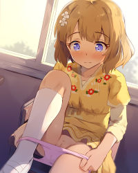 1girl ahoge blue_eyes blush brown_hair chair classroom cleft_of_venus closed_mouth clothes_lift collarbone day desk dot_nose dress dress_lift embarrassed eyebrows eyelashes female_pubic_hair floral_dress floral_print flower flower_ornament hair_flower hair_ornament highres idolmaster idolmaster_million_live! imminent_penetration indoors knee_up kneehighs layered_sleeves light_brown_hair loli long_sleeves nervous nose_blush on_desk panties panty_pull pink_panties print_clothes print_dress pubic_hair pussy pussy_peek school_chair school_desk seneto shadow shoes short_hair short_over_long_sleeves short_sleeves sitting on_desk socks solo sparse_pubic_hair suou_momoko sweat uncensored underwear underwear_pull undressing uwabaki wavy_hair wavy_mouth wet wet_clothes wet_panties white_flower white_footwear white_socks window yellow_dress rating:Explicit score:454 user:danbooru