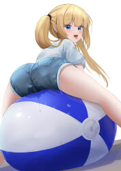  1girl absurdres bad_id bad_pixiv_id ball beachball blonde_hair blue_eyes clothed_masturbation female_masturbation highres long_hair looking_back masturbation masturbation_through_clothes open_mouth pussy_juice pussy_juice_drip_through_clothes pussy_juice_stain shorts simple_background sitting sitting_on_ball syatihoko123 twintails  rating:Explicit score:43 user:oxi-oxi
