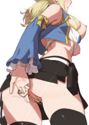 1girl black_legwear blonde_hair blush breasts breasts_out convenient_censoring fairy_tail highres large_breasts lucy_heartfilia morisobo nipples no_bra no_panties open_mouth skirt twintails rating:Questionable score:204 user:hanyuuu