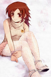 1girl bracelet breasts brown_hair cleavage flower hair_ornament hairclip high_heels jewelry messiah messiah_cage open_shoes pantyhose red_eyes sandals shoes short_hair sitting skirt smile solo turtleneck rating:Sensitive score:15 user:danbooru