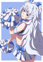  1girl black_sports_bra blue_bow blue_bowtie blue_eyes blue_ribbon blue_skirt blush bowtie breasts cheerleader crop_top from_side goddess_of_victory:_nikke hair_ribbon long_hair looking_at_viewer official_alternate_costume poli_(cheer_up_police)_(nikke) poli_(nikke) pom_pom_(cheerleading) ribbon sankakukin_gear short_twintails sidelocks skirt small_breasts sports_bra twintails two-tone_skirt very_long_hair wavy_hair white_hair white_skirt 