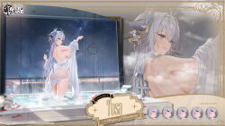  1girl animal_ears artist_request ass azur_lane back bare_shoulders bath blue_hair breasts character_name clothes_pull commentary copyright_name english_commentary expressions fox_ears fox_girl fox_mask from_behind grin hair_between_eyes hands_up highres indoors large_breasts long_hair looking_at_viewer looking_back mask naked_shirt night night_sky off_shoulder official_art open_clothes open_shirt outstretched_arm parted_lips promotional_art purple_eyes see-through see-through_shirt shirt shirt_pull sideboob sky smile solo star_(sky) starry_sky thighs tosa_(a_glimpse_of_greatness)_(azur_lane) tosa_(azur_lane) undressing very_long_hair wading wet wet_clothes wet_shirt white_hair white_shirt yostar 