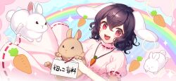  1girl :d animal animal_ears black_hair blush carrot carrot_necklace dress hair_between_eyes holding holding_animal holding_rabbit inaba_tewi jewelry looking_at_viewer masaru.jp necklace non-web_source official_art open_mouth pink_dress puffy_short_sleeves puffy_sleeves rabbit rabbit_ears rabbit_girl rainbow red_eyes second-party_source short_hair short_sleeves smile solo sparkle teeth touhou touhou_gensou_eclipse translated upper_body upper_teeth_only 