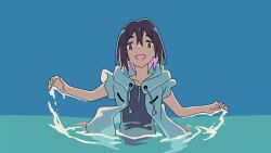 1girl animated aqua_eyes bad_tag jacket one-piece_swimsuit partially_submerged school_swimsuit short_hair sky surface swimming swimsuit tagme underwater video