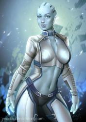  1girl alien asari_(mass_effect) bald bald_girl blue_eyes blue_skin colored_skin dated freckles gradient_background liara_t&#039;soni mass_effect_(series) mass_effect_3 navel no_humans solo ynorka  rating:Sensitive score:28 user:jayage5ds