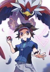 &gt;:( 1boy bird blue_jacket braviary bright_pupils brown_eyes brown_hair closed_mouth creatures_(company) feathers frown game_freak gen_5_pokemon hand_up high_collar highres holding holding_poke_ball jacket looking_at_viewer nate_(pokemon) nintendo omochi_(omotimotittona3) poke_ball poke_ball_(basic) pokemon pokemon_(creature) pokemon_bw2 short_hair short_sleeves v-shaped_eyebrows visor_cap white_pupils xtransceiver zipper_pull_tab 