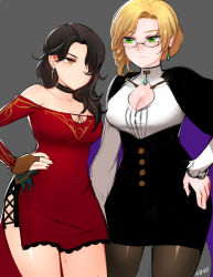 2girls bare_shoulders black_hair blonde_hair breasts bridal_gauntlets brown_eyes brown_hair cape cinder_fall cleavage cleavage_cutout clothing_cutout dress earrings glasses glynda_goodwitch green_eyes highres jewelry large_breasts long_hair multiple_girls nail_polish ndgd pantyhose red_dress rwby shiny_skin side_slit thigh_gap thighs yellow_eyes rating:Sensitive score:100 user:danbooru