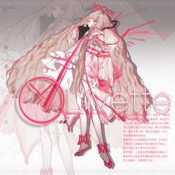  1girl :o absurdres animal animal_on_shoulder anklet bare_shoulders black_cat blonde_hair bow cat cat_on_shoulder character_name chinese_text coat collared_coat color_guide commentary_request dress eyelashes frilled_dress frills full_body gradient_background grey_background halo high_collar high_heels highres jewelry long_hair long_sleeves looking_ahead mechanical_legs neirutowero6 original parted_lips pink_bow pink_eyes pink_footwear pink_halo polka_dot polka_dot_background pumps ribbon-trimmed_dress short_dress simple_background single_sidelock sleeveless sleeveless_dress solo translation_request turtleneck turtleneck_dress very_long_hair wavy_hair white_coat white_dress white_sleeves zoom_layer 