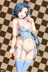  1girl artist_name blush breasts brown_background character_name checkered_background dha garter_straps goidou_yui hair_ribbon heart highres kami_nomi_zo_shiru_sekai lingerie long_hair looking_at_viewer navel open_mouth outline panties ponytail ribbon see-through side-tie_panties smile solo thighhighs underwear underwear_only yellow_eyes 