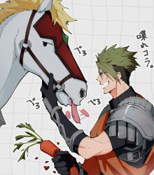  1boy absurdres achilles_(fate) anger_vein animal armor barding black_gloves carrot crushing elbow_gloves facing_to_the_side fate/grand_order fate_(series) gloves green_hair haruakira highres holding holding_carrot horse licking male_focus open_mouth orange_sash shirt short_hair shoulder_armor sideways_glance spiked_hair upper_body yellow_eyes 