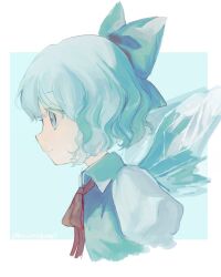  1girl blue_background blue_bow blue_dress blue_eyes blue_hair bow cirno closed_mouth dress flat_chest from_side hair_bow light_blue_background light_smile looking_ahead oito_(bowstringsmall) profile puffy_short_sleeves puffy_sleeves red_ribbon ribbon short_hair short_sleeves solo touhou wing_collar  rating:General score:2 user:danbooru