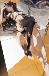 1girl absurdres armlet ass asymmetrical_legwear asymmetrical_sleeves bandeau bankongping black_hair black_panties black_ribbon bra breasts choker cleavage crown detached_sleeves earrings fate/grand_order fate_(series) feet gem gold_trim hair_ribbon highleg highleg_panties highres hoop_earrings ishtar_(fate) jewelry long_sleeves looking_at_viewer lying medium_breasts navel o-ring on_back on_floor panties red_eyes reflection revealing_clothes ribbon single_sleeve single_thighhigh stirrup_legwear stomach thighhighs thighlet thighs thong toeless_legwear toes twintails two_side_up underwear uneven_legwear uneven_sleeves white_bandeau white_bra rating:Sensitive score:68 user:PuttHutt