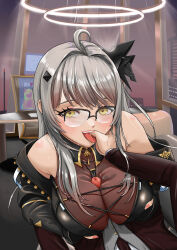 1girl absurdres ahoge alternate_eye_color athletic_leotard black_jacket black_necktie breasts buttons cleavage covered_collarbone desk finger_in_another&#039;s_mouth formal glasses google_maps grey_hair grey_vest hair_ornament halo highres indie_virtual_youtuber jacket jiisokyun large_breasts leotard long_hair mole mole_under_eye necktie off_shoulder onolumi_(vtuber) paizuri paizuri_over_clothes penis pink_nails saliva semi-rimless_eyewear striped_clothes striped_vest suit tongue vertical-striped_clothes vertical-striped_vest vest virtual_youtuber yellow_eyes rating:Explicit score:9 user:danbooru