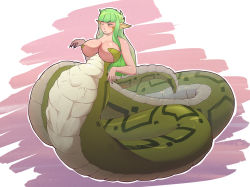  1girl acerok blush breasts bulge cleavage green_hair highres inara_serpentine lamia large_breasts long_hair monster_girl pointy_ears vore yellow_eyes 