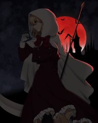  1girl alternate_costume animal bat_(animal) blonde_hair bow bowtie breasts buttons cape capelet castle cloud cloudy_sky curly_hair dark dress elly_(touhou) female_focus frilled_dress frills full_moon gloves highres hood large_breasts leggings light light_smile looking_at_animal medium_hair moon moonlight mouse_(animal) night night_sky no_headwear outdoors red_bow red_bowtie red_dress red_moon scythe sky smile solo toaruroku touhou touhou_(pc-98) white_gloves yellow_eyes  rating:Sensitive score:21 user:PizzaBzz