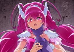  1girl :o antenna_hair asphyxiation bow colored_skin commission cure_happy earrings grey_background highres holding_another&#039;s_arm hoshizora_miyuki jewelry long_hair looking_at_viewer magical_girl open_mouth pink_bow pink_eyes pink_hair precure purple_skin raised_eyebrows ryona skeb_commission smile_precure! solo_focus strangling sweat tiara tirofinire twintails upper_body wrist_cuffs 