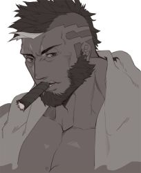  1boy bara beard black_hair cigar close-up cyphers damian_doyle_(cyphers) face facial_hair gomtang greyscale large_pectorals looking_at_viewer male_cleavage male_focus mature_male mohawk monochrome muscular muscular_male portrait short_hair solo towel towel_around_neck 