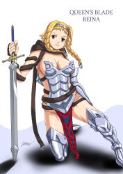  00s absurdres armor bethelbabies blonde_hair braid breasts cleavage highres leina_(queen&#039;s_blade) queen&#039;s_blade short_twintails sword twintails warrior weapon 