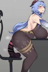  1girl alternate_breast_size armpits ass backless_outfit bare_shoulders bell belly_rest black_bodysuit blue_hair blush bodice bodysuit breast_rest breasts breasts_on_table censored chair chamchami cowbell curvy desk detached_sleeves dildo dildo_reveal dildo_riding female_masturbation ganyu_(genshin_impact) genshin_impact goat_horns half-closed_eyes highres horns horse_dildo huge_breasts huge_dildo long_hair looking_at_viewer lying masturbation office_chair on_desk on_stomach open_mouth plump purple_eyes pussy_juice pussy_juice_trail raised_eyebrows sex_toy smirk solo squatting swivel_chair thick_eyebrows thick_thighs thighs vaginal 