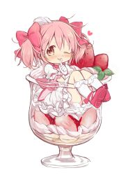  1girl absurdres blush bow commentary cup dress english_commentary finger_to_mouth food fruit glass hair_bow heart highres hitode kaname_madoka looking_at_viewer lying mahou_shoujo_madoka_magica medium_hair on_back one_eye_closed open_mouth pink_bow pink_eyes pink_footwear pink_hair shoes short_sleeves short_twintails simple_background smile socks solo strawberry strawberry_parfait twintails white_background white_dress white_socks  rating:General score:5 user:danbooru