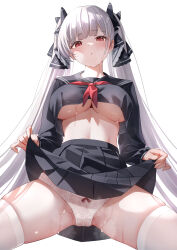  1girl absurdres azur_lane black_sailor_collar black_serafuku black_shirt black_skirt blush breasts classic_(zildjian33) clothes_lift commentary_request crop_top crop_top_overhang formidable_(azur_lane) formidable_(the_lover&#039;s_heart_flutters_on_duty)_(azur_lane) hair_ornament highres large_breasts lifting_own_clothes long_hair long_sleeves neckerchief official_alternate_costume open_mouth paid_reward_available panties red_eyes red_neckerchief sailor_collar school_uniform serafuku shirt simple_background skindentation skirt skirt_hold skirt_lift solo spread_legs sweat thick_thighs thighhighs thighs twintails underboob underwear upper_body very_long_hair white_background white_hair white_panties white_thighhighs  rating:Questionable score:35 user:danbooru