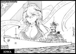  1girl absurdres ahoge battleship breasts character_name cleavage commentary english_commentary english_text front-tie_top graphite_(medium) greyscale hat highres iowa_(kancolle) kantai_collection large_breasts long_hair military_vehicle millipen_(medium) monochrome name_connection object_namesake ocean ship star-shaped_pupils star_(symbol) symbol-shaped_pupils the_general traditional_media uss_iowa_(bb-61) warship watercraft 
