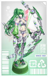  1girl armored_boots bikini bikini_top_only boots bottle_cap bow breasts cleavage green_eyes green_hair headpiece heirou highres huge_weapon long_hair looking_at_viewer medium_breasts mitsuya_cider ponytail see-through short_shorts shorts soda_bottle solo strap swimsuit weapon 