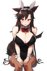 1girl alternate_costume animal_ears bad_id bad_twitter_id bare_arms bare_shoulders black_leotard blush bow bowtie breasts brown_hair cleavage commentary detached_collar fake_animal_ears feet_out_of_frame hair_between_eyes hairband highres imaizumi_kagerou large_breasts leotard long_hair nose_blush pantyhose playboy_bunny rabbit_ears red_bow red_bowtie red_eyes shadow simple_background sitting solo strapless strapless_leotard suminagashi sweat tail touhou very_long_hair white_background white_hairband wolf_tail wrist_cuffs rating:Sensitive score:15 user:danbooru