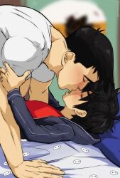  2boys age_difference bed big_hero_6 black_hair blush brothers closed_eyes fully_clothed_male highres hiro_hamada hood hooded_jacket idoraad incest indoors jacket kiss male_focus multiple_boys muscular muscular_male pillow saliva saliva_trail shota siblings size_difference tadashi_hamada yaoi  rating:Sensitive score:52 user:RancBases