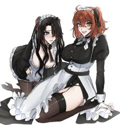  13addendum 1boy 1girl all_fours apron arm_support black_bow black_panties black_thighhighs blue_eyes bow breasts crossdressing detached_collar fate/grand_order fate_(series) fujimaru_ritsuka_(female) fujimaru_ritsuka_(male) garter_belt gloves hair_bow hair_over_one_eye high_heels highres kneeling large_breasts maid_headdress pale_skin panties puffy_sleeves side_slit simple_background smile thighhighs trap twintails underwear white_background yellow_eyes 