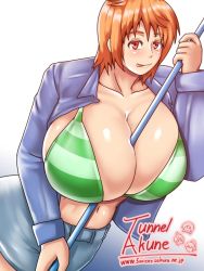 1girl 5_voice artist_name between_breasts bikini blush breasts cleavage colored_eyelashes denim denim_skirt female_focus gigantic_breasts gradient_background licking_lips looking_at_viewer matching_hair/eyes miniskirt nami_(one_piece) naughty_face navel one_piece open_clothes open_shirt orange_eyes orange_hair pole shiny_clothes shiny_skin shirt short_hair skindentation skirt solo standing striped_bikini striped_clothes swimsuit tongue tongue_out white_background
